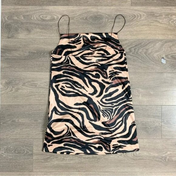 Zara Tiger Animal Print Cowl Neck Satin Slip Mini Dress Size Medium Brown Tan - Picture 14 of 16